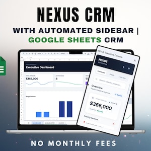 Puede incluir: Un portátil y un smartphone muestran la interfaz "NEXUS CRM", mostrando un panel ejecutivo con datos financieros. La imagen incluye el texto "WITH AUTOMATED SIDEBAR | GOOGLE SHEETS CRM" y "NO MONTHLY FEES."