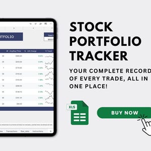 May include: A tablet screen showing a stock portfolio tracker with financial data. The display includes a table with stock symbols, share numbers, and price details. The text "STOCK PORTFOLIO TRACKER" is above the tablet, with a green "BUY NOW" button.