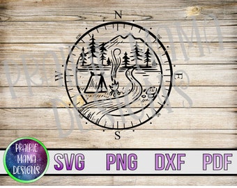 Campingkompas SVG: tent, berg, kampvuur gesneden bestand (digitale download)