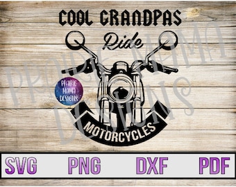 May include: Black and white graphic design of a motorcycle with the text "Cool Grandpas Ride Motorcycles".