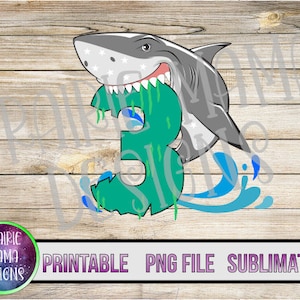 Hai beisst 3 drei 3. Geburtstag PNG digitaler Download 300 dpi dritter Geburtstag Shirt Hai Spritzende Wellen
