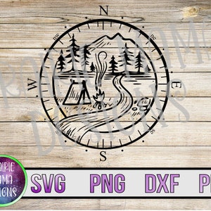 Brújula de camping SVG PNG DXF archivo de corte pdf archivo digital descarga digital campamento tienda de campaña fogata lago arroyo río