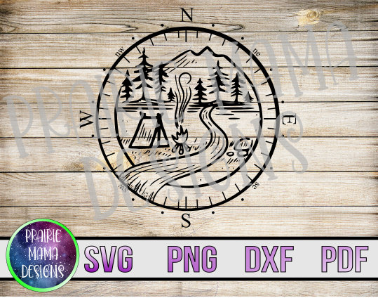 Camping compass SVG PNG DXF pdf cut file digital file digital download camp tent camp fire lake stream river