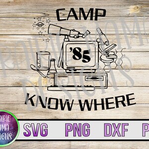 Pode incluir: Design gráfico em preto e branco com um monitor de computador com o texto "'85" na tela, um telescópio, um béquer, um microscópio e o texto "CAMP KNOW WHERE".
