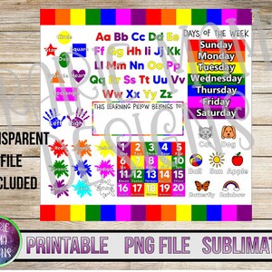 Travesseiro de aprendizagem Arquivo digital de sublimação PNG para impressão, download digital 300 dpi Alfabeto, cores / cores, formas, números personalizados