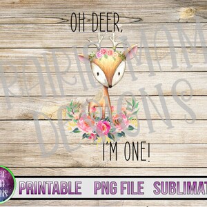 Deer First Birthday Watercolor Floral Design (Digital Download)
