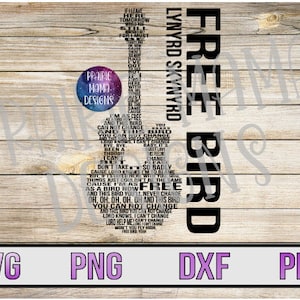May include: A black and white graphic design of a guitar with the words "Free Bird" and "Lynyrd Skynyrd" written vertically on the guitar. The words "Free Bird" are written in a large font and the words "Lynyrd Skynyrd" are written in a smaller font. The guitar is surrounded by lyrics from the song "Free Bird".