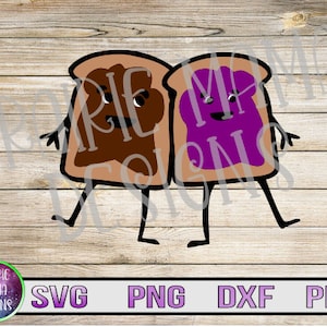May include: Two cartoon slices of bread with faces, one with chocolate spread and the other with purple jam. The bread slices have legs and arms.