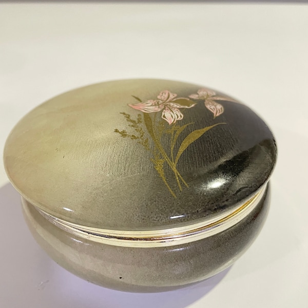 Hand carved Vintage Round Alabaster Jewelry Trinket Box Floral Pink Lilies  Gold details