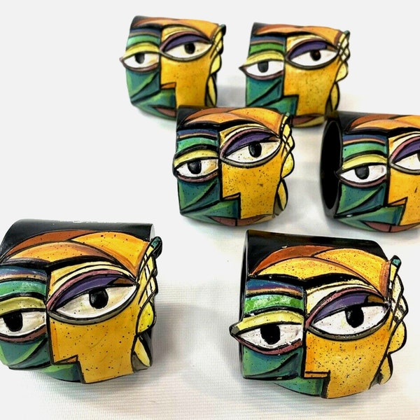 Napkin Rings Holders set of 6 Original Shirley Lloyd David Art Wood Carved Hand Painted Faces 2004 Eclectic design.