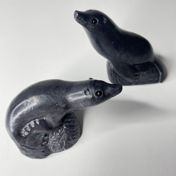 Vintage Seals Figurines 2 Wolf Original Soapstone Carved Figurine Hand Made Canada Collectible Animal Figurine Statue