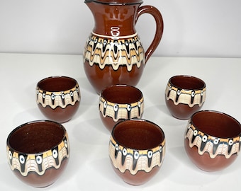 Bulgarian Pottery Trojan  Pitcher w/ 6 cups Set Ceramic Folk Art Red Clay Hand Painted Glazed *read