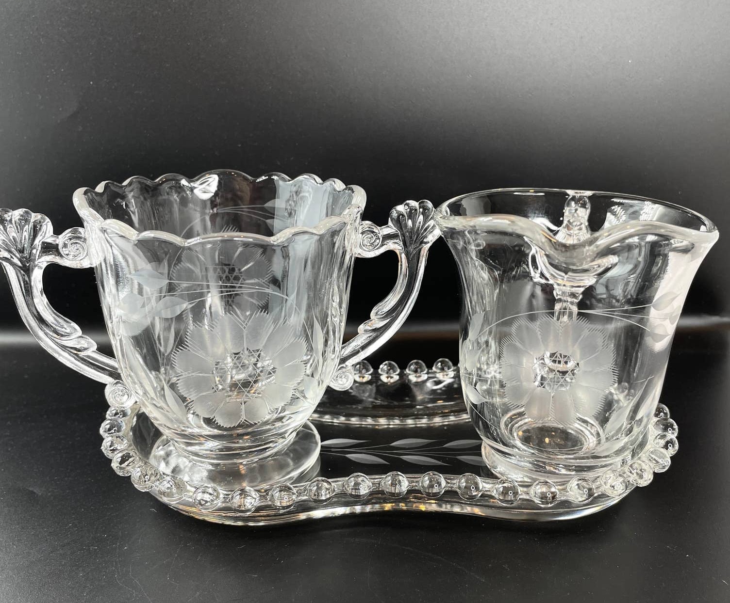 Vintage Imperial Glass Sugar and Creamer Glass Set Etched Glass W/tray