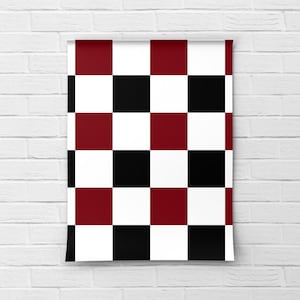 May include: A checkerboard pattern with alternating squares of black and burgundy red.