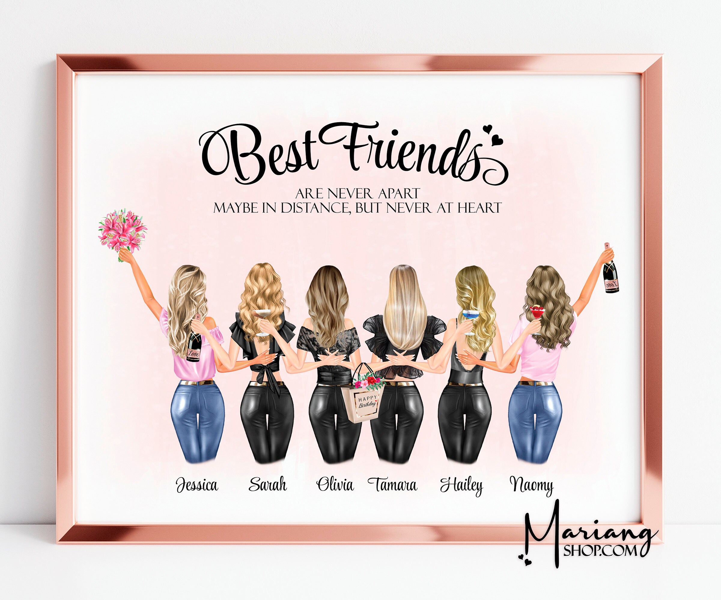 6 Best Friends Drawing Six Besties Print Friendship Poster Six Etsy