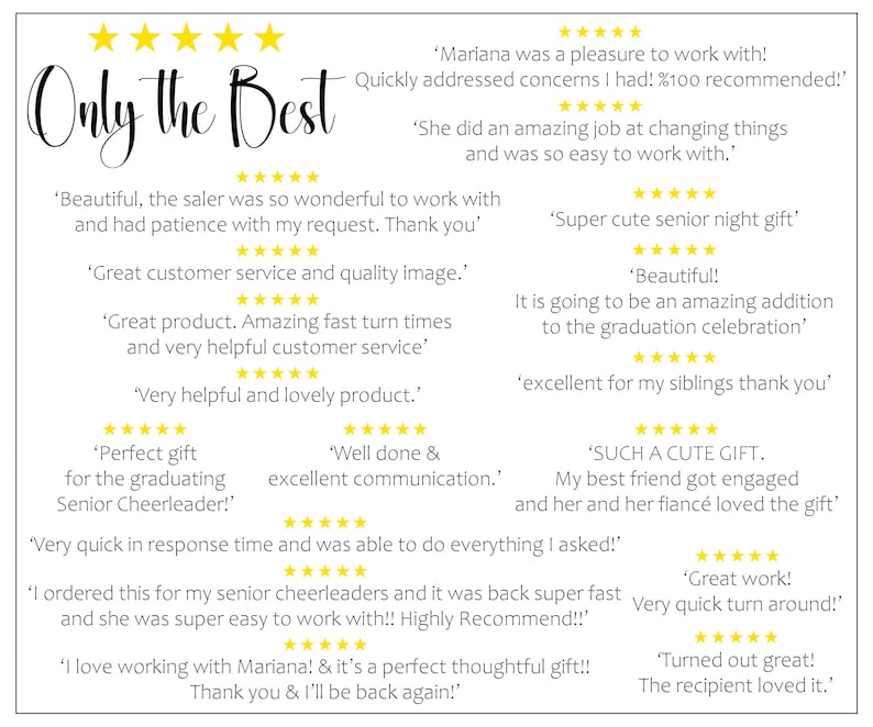 May include: A white background with the words "Only the Best" in elegant script, surrounded by customer reviews and star ratings. The reviews highlight positive experiences and satisfaction.