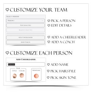 K&ouml;nnte beinhalten: Eine wei&szlig;e Grafik mit dem Text "CUSTOMIZE YOUR TEAM" und "CUSTOMIZE EACH PERSON". Das Bild zeigt Optionen zum Ausw&auml;hlen einer Person, Bearbeiten von Details, Hinzuf&uuml;gen eines Cheerleaders oder Trainers und Anpassen von Name, Frisur und Hautton jeder Person.