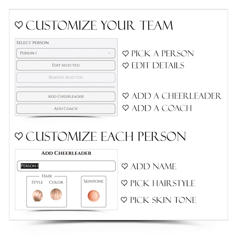 K&ouml;nnte beinhalten: Eine wei&szlig;e Grafik mit dem Text "CUSTOMIZE YOUR TEAM" und "CUSTOMIZE EACH PERSON". Das Bild zeigt Optionen zum Ausw&auml;hlen einer Person, Bearbeiten von Details, Hinzuf&uuml;gen eines Cheerleaders oder Trainers und Anpassen von Name, Frisur und Hautton jeder Person.