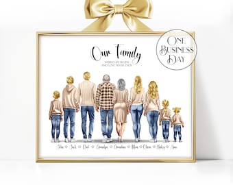 Custom Family Portrait with Pets Personalized Family Print Christmas Family Prints Pet Family Portrait Drawing Family Reunion Gifts For Mom