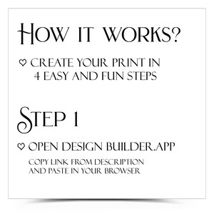 May include: White square graphic with black text. The text reads "HOW IT WORKS?" followed by instructions: "CREATE YOUR PRINT IN 4 EASY AND FUN STEPS." Step 1: "OPEN DESIGN BUILDER.APP." Copy link from description and paste in your browser.