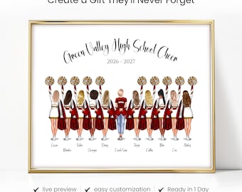 May include: A framed print featuring the text Green Valley High School Cheer 2026-2027 above an illustration of eleven cheerleaders in white and maroon uniforms with gold pom-poms, each with a name printed below in a script font.