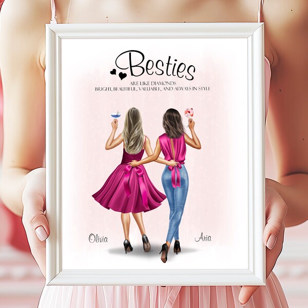 Custom Best Friend Print, Friendship Drawing Gifts For Women, Personalized Birthday Picture Gifts For Her, Soul Sister Wall Decor For Girls