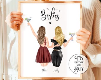Personalized Best Friend Birthday Gift For Her Custom Portrait, Gift For Best Friend, Best Friend Poster Wall Art, Custom Bestie Print
