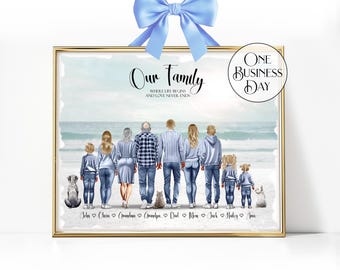 Haustier Familienporträt Zeichnung Familientreffen Geschenke Benutzerdefinierte Aquarell Familienporträt Illustration mit Haustieren personalisierte Familiendruck Wandkunst