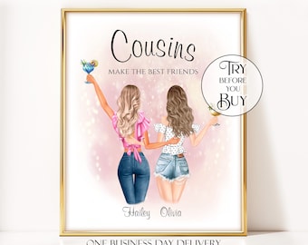 Gift For Cousin From Cousin, Personalized Cousins Portrait Print, Custom Cousin Gift For Her Birthday, Cousin Friendship Wall Art