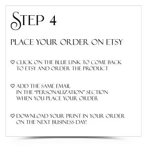 May include: White graphic with the text "STEP 4" in a decorative font. The text instructs the viewer to place their order on Etsy, click a blue link, add an email, and download their print.
