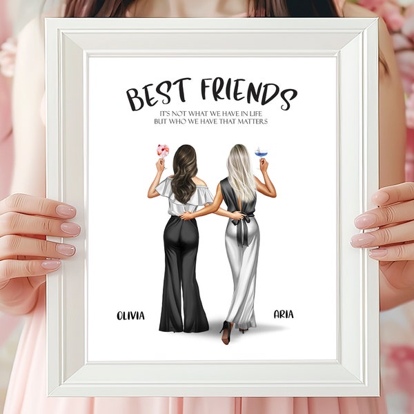 Best Friend Gift For Women, Custom Friendship Print Wall Art, Besties Portrait Illustration Wall Decor, Birthday Personalized Gifts For Her