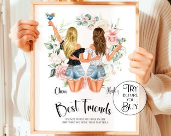 Personalized Best Friend Wall Art Decor, Custom Portrait Friendship Gifts For Women Friends