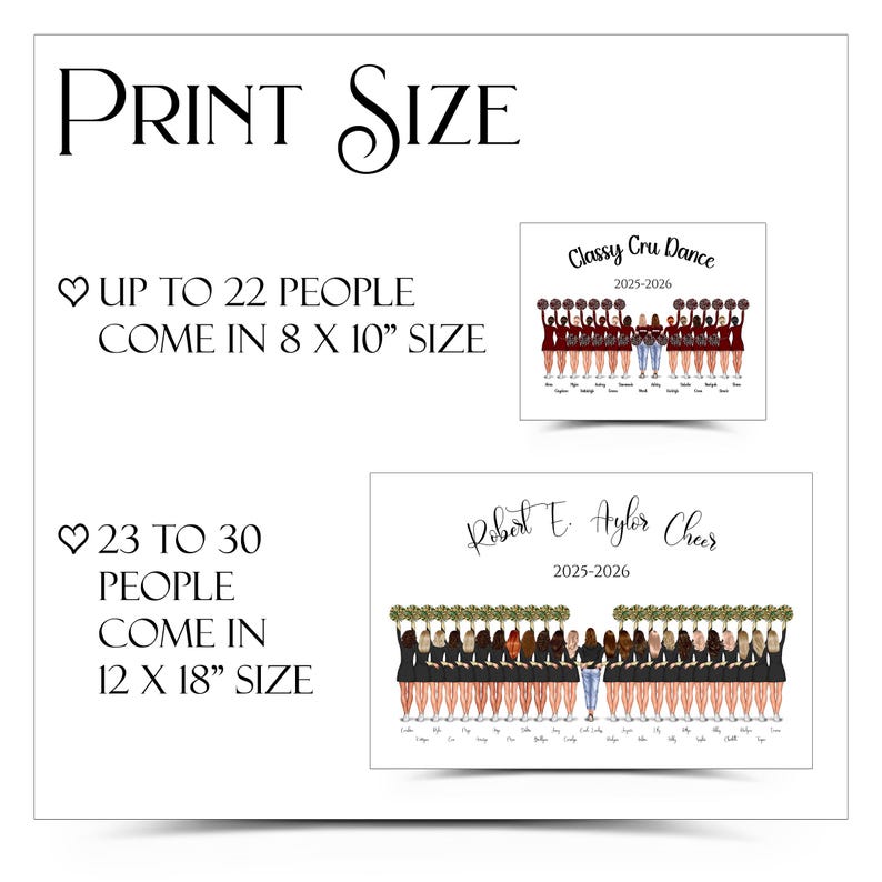 K&ouml;nnte beinhalten: Ein wei&szlig;er Druck mit dem Text "PRINT SIZE" und Details zu den Druckgr&ouml;&szlig;en. Zwei Illustrationen von Cheerleader-Teams sind abgebildet. Der Text gibt an, dass Drucke f&uuml;r bis zu 22 Personen in 20,3 x 25,4 cm und 23 bis 30 Personen in 30,5 x 45,7 cm erh&auml;ltlich sind.
