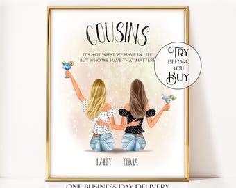 Personalized Cousins Portrait Print, Gift For Cousin From Cousin, Custom Cousin Gift For Her Birthday, Cousin Friendship Wall Art