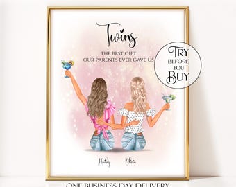 Long Distance Twin Gift, Personalized Miss You Twin Sister Print, Custom Twin Gift For Her, Twins Living Apart Wall Art Digital Download