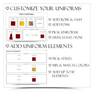 K&ouml;nnte beinhalten: Eine wei&szlig;e Grafik mit dem Text "CUSTOMIZE YOUR UNIFORMS". Das Bild zeigt Optionen zum Bearbeiten von Uniformen, einschlie&szlig;lich Robe, Sch&auml;rpe, Bommel und Glitzer. Es zeigt auch Optionen zum Hinzuf&uuml;gen von Uniformelementen und zum Ausw&auml;hlen von Stilen.