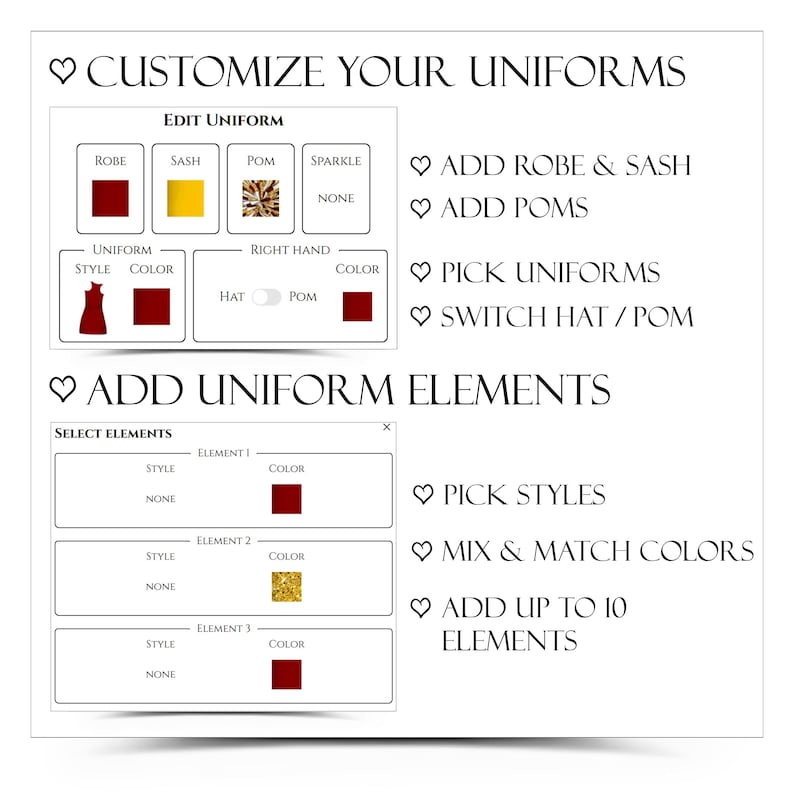 K&ouml;nnte beinhalten: Eine wei&szlig;e Grafik mit dem Text "CUSTOMIZE YOUR UNIFORMS". Das Bild zeigt Optionen zum Bearbeiten von Uniformen, einschlie&szlig;lich Robe, Sch&auml;rpe, Bommel und Glitzer. Es zeigt auch Optionen zum Hinzuf&uuml;gen von Uniformelementen und zum Ausw&auml;hlen von Stilen.