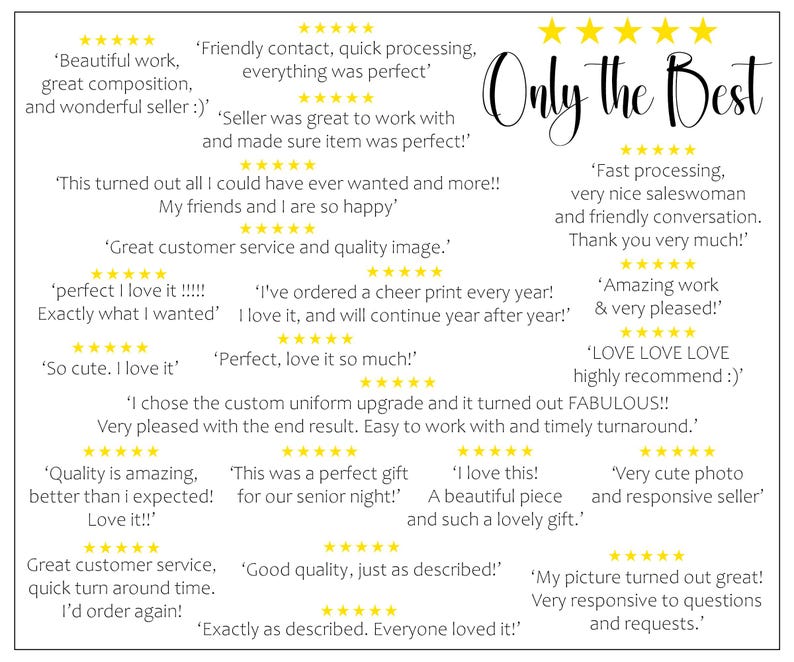 May include: A white background with customer reviews and star ratings. The phrase "Only the Best" is written in a decorative font. Reviews highlight positive experiences, including quality, service, and satisfaction.
