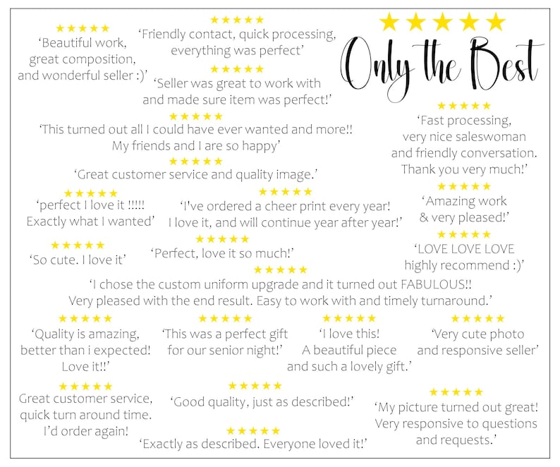 K&ouml;nnte beinhalten: Ein wei&szlig;er Hintergrund mit Kundenbewertungen und goldenen Sternbewertungen. Der Text "Only the Best" ist in einer dekorativen Schriftart gehalten. Die Bewertungen heben Qualit&auml;t, Service und Zufriedenheit hervor.