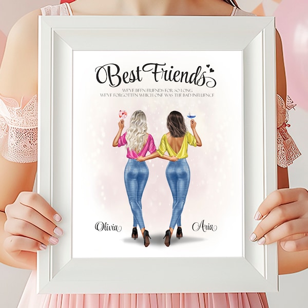 Custom Friendship Print Wall Art, Besties Portrait Illustration Wall Decor, Birthday Personalized Gifts For Her, Best Friend Gift For Women