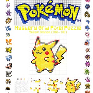 Peut inclure: Un puzzle d'art pixelisé représentant le logo de Pokémon et un personnage de Pikachu. Le puzzle fait partie de l'édition jaune du Mystery Grid Pixel Puzzle (102-151).