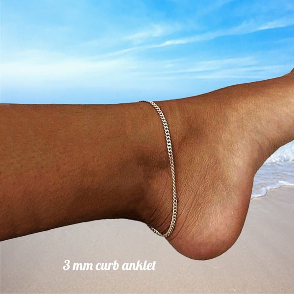 Silver Anklet, Solid 925 Sterling Silver Ankle Bracelet For Women, Cuban Link Chain Anklet, 7"-14" XS - XXXL Sizes, Foot Jewelry for Women