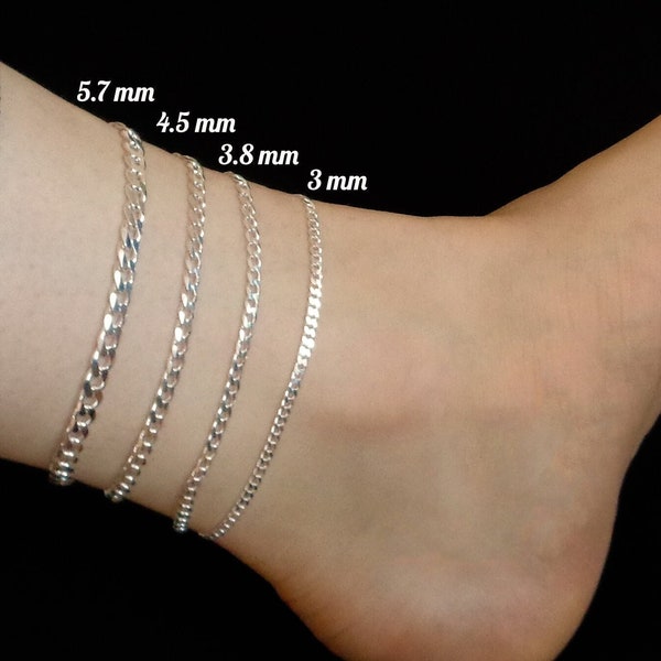 Sterling Silver CURB Anklet, Solid 925 Silver Curb Chain Bracelet, Curb Link Chain, Miami Cuban Ankle Bracelet,Beach Foot Jewelry for Women