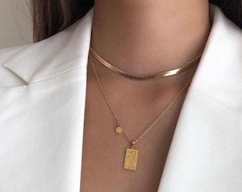 Gold MAGIC HERRINGBONE Necklace Made In Italy, Flat Snake Layering Chain, High Quality 18K Gold Plated on 925 Solid Sterling Silver Choker