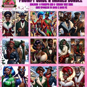 Pode incluir: Um pacote de arte digital que inclui nove imagens de casais negros em diferentes cenários de inverno e festivos. As imagens são de estilo de desenho animado e apresentam cores brilhantes e detalhes festivos. O pacote inclui nove prompts para gerar imagens semelhantes usando ferramentas de IA como ChatGPT e Dall-E 3.