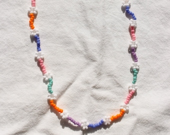 Colorful Daisy Necklace, Trendy Daisy Choker, Multi, Block Pattern, Seed Bead Necklace, Custom, Teal, Purple, Orange, Pink, Periwinkle