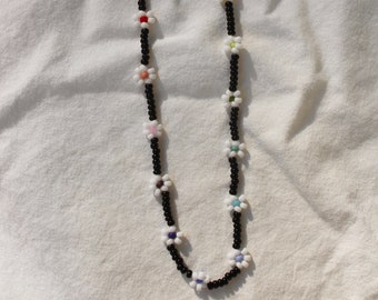 Black/White Rainbow Daisy Necklace, Rainbow Daisy Choker, Colorful, Mixed Colors, Seed Bead Necklace, Custom, Glow-in-the-Dark