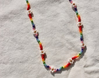 Rainbow Daisy Necklace, Rainbow Daisy Choker, Colorful Pride Jewelry, Mirrored Rainbow, Seed Bead Necklace, Custom, Glow-in-the-Dark