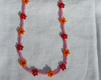 Colorful Daisy Necklace, Pink Daisy Choker, Two-tone, Red and Orange Necklace, Seed Bead Necklace, Custom, Layering Necklace, Summer