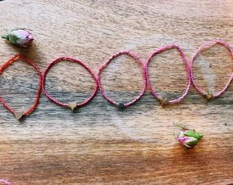 Heart Stretchy Bracelet, Mother's Day Gift, Love, Friendship Bracelets, Pink Red Beads, Metallic, Gold Plated, Silver, Custom Jewelry